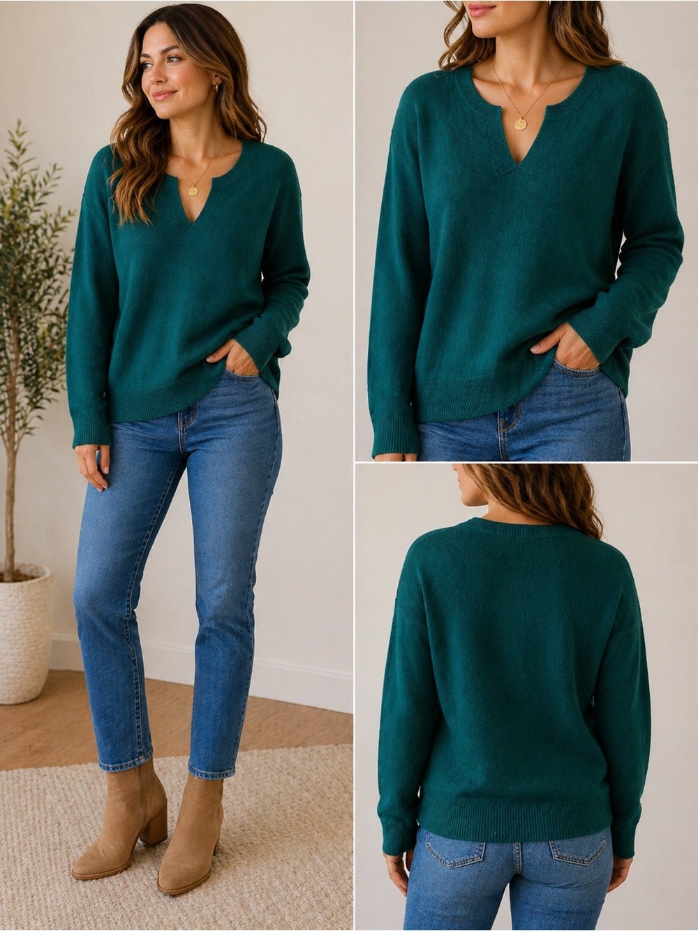 Halston V Neck Sweater Womens Large Green Knit Minimalist Classic